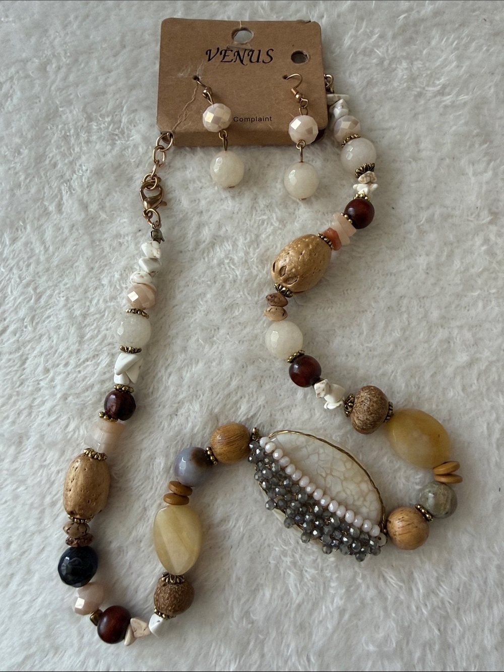 VENUS Cream, Gold and Brown Beaded Statement Necklace with Matching Earrings